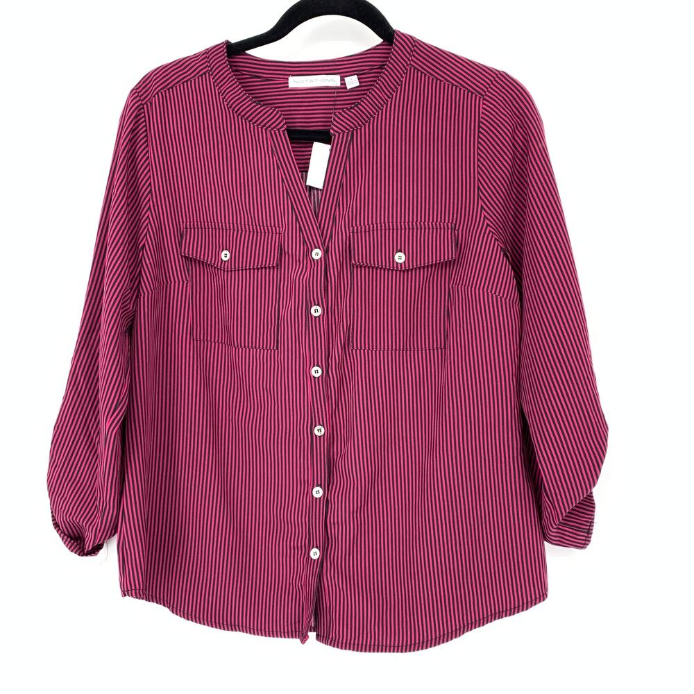 Notations Tab Sleeve Button Front Blouse Womens Sz Small Pink Black Striped NEW